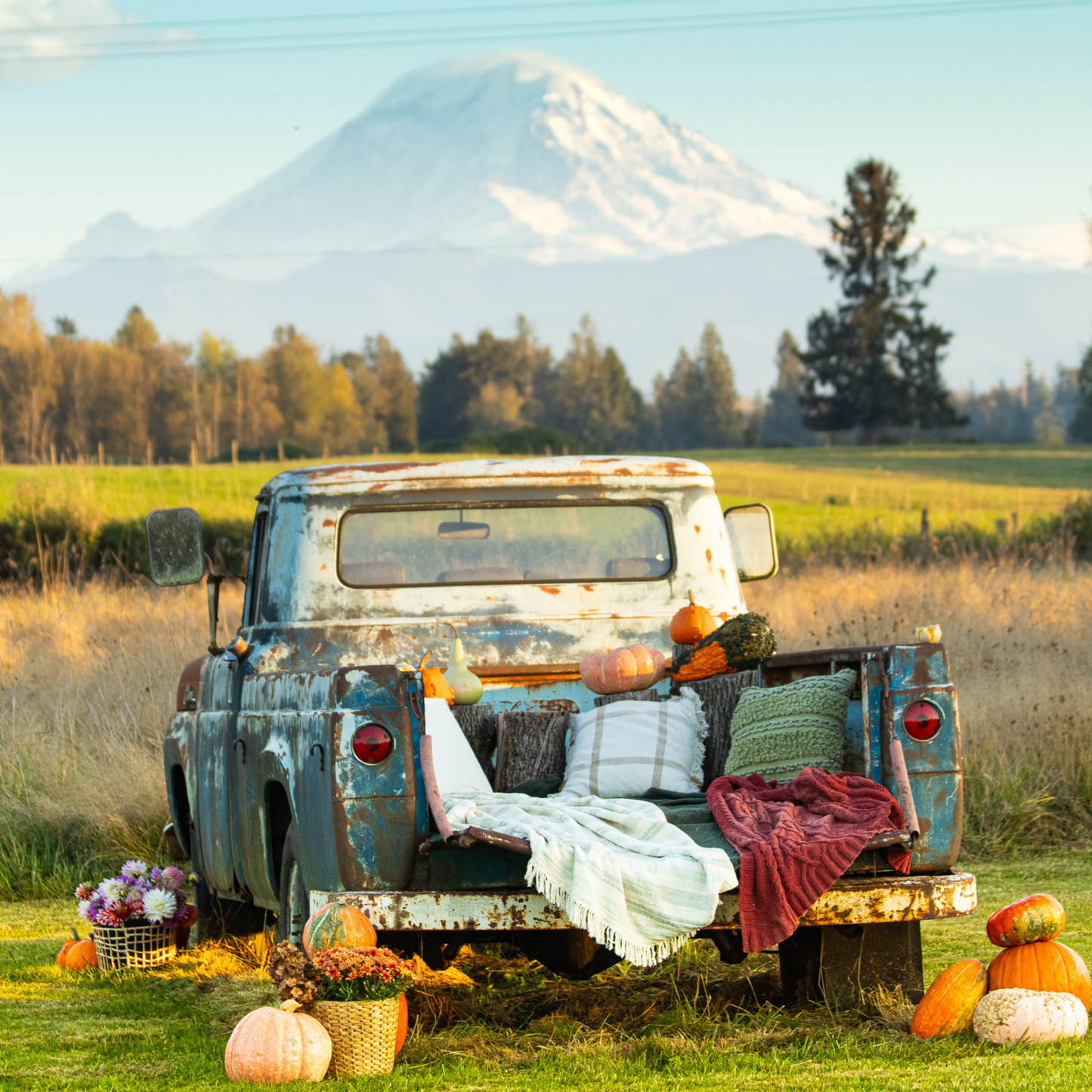 vintage truck with Mount Rainier backdrop, great for family photoshoots, bridal showers, baby showers